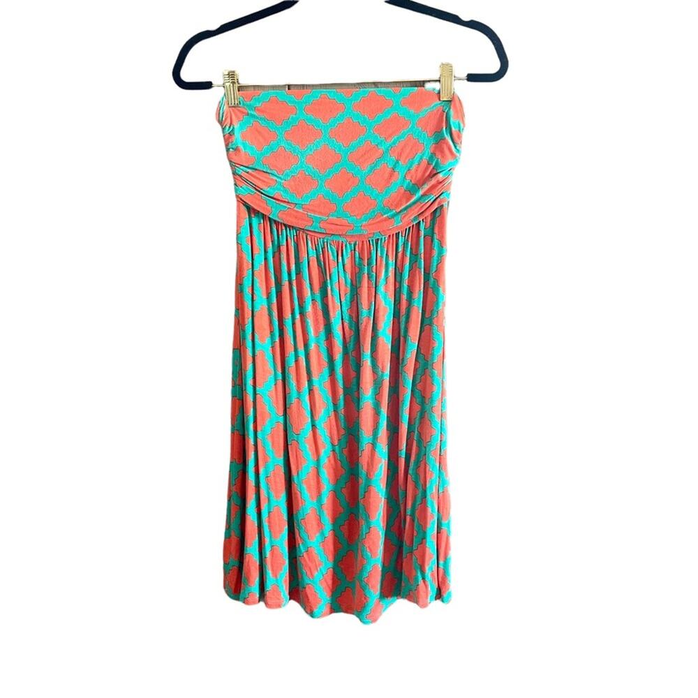 Hourglass Lilly orange & teal Moroccan print strapless tube mini dress Small